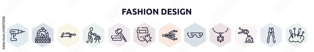 fashion design outline icons set. thin line icons such as hand drill, kiln, fretsaw, carpenter, lumberjack, weld, bellows, eye protection, furnace icon. fashion design outline icons set. thin line icons such as hand drill, kiln, fretsaw, carpenter, lumberjack, weld, bellows, eye protection, furnace icon.