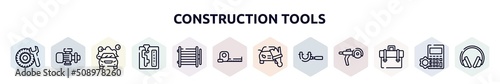 construction tools outline icons set. thin line icons such as tyre, pump, car wash, automatic transmission, condenser, open scale, car painting, micrometer, businessman portfolio icon.