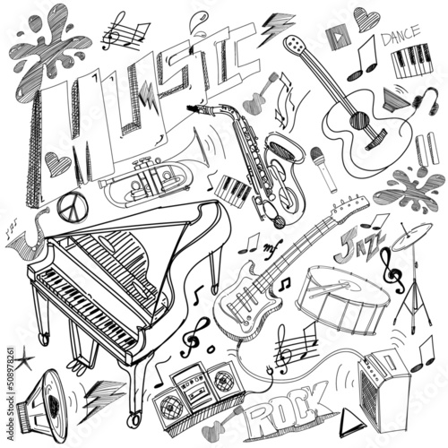 music instruments hand drawing sketch vector with piano guitar drum saxophone keyboard musical sign score on white background