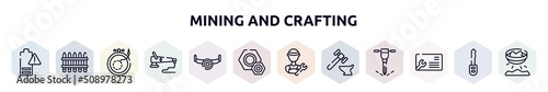mining and crafting outline icons set. thin line icons such as empty battery, fences, embroidery, polisher, sawmill, knot, plumber, blacksmith, business cards icon.