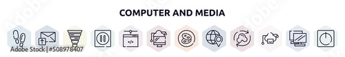 computer and media outline icons set. thin line icons such as footsteps, email upload, funnel chart, pause, network administration, data transference by internet, cookies, placeholder on a globe,