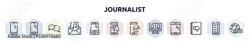 journalist outline icons set. thin line icons such as mobile phone de, phone variant shape, chat bubbles with ellipsis, audio file, phone in perspective, silent bell, 4g technology, video