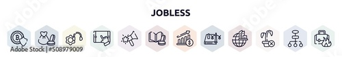 jobless outline icons set. thin line icons such as cryptocurrency, capital, technical support, touch screen, favourites, finance book, raise, law book, null icon.