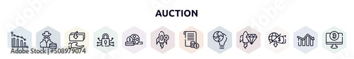 auction outline icons set. thin line icons such as apology, taxes, email marketing, personal security, devaluation, department, online support, personal profile, cooperate icon. photo