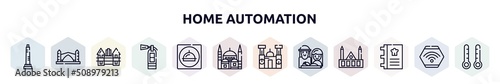 home automation outline icons set. thin line icons such as walled obelisk, stari most, holstentor, extinguishing, restaurant app, blue mosque, cathedral of morelia, holy family, cookbook