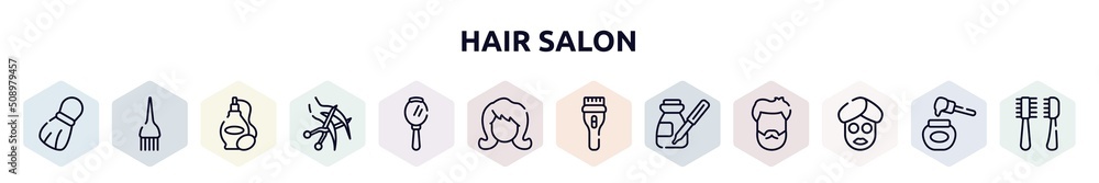 hair salon outline icons set. thin line icons such as shaving brush, hair dye brush, perfume bottle, haircut, hand mirror, woman hair, clipper, serum, facial mask icon. hair salon outline icons set. thin line icons such as shaving brush, hair dye brush, perfume bottle, haircut, hand mirror, woman hair, clipper, serum, facial mask icon.