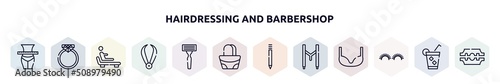 hairdressing and barbershop outline icons set. thin line icons such as slim, diamond ring, relaxing, pluck, shaving razor, hand bag, eyebrow pencil, suspenders, grace icon.