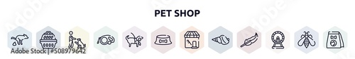 pet shop outline icons set. thin line icons such as dog poo, portable kennel, man and dog, extending leads, guide dog, dish, pet grooming, conch, hamster wheel icon.
