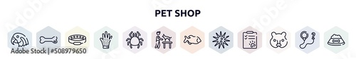 pet shop outline icons set. thin line icons such as parrot head, dog toy, cat collar, grooming glove, big mite, dog and veterinarian, big piranha, sea urchin, hedgehog head icon.