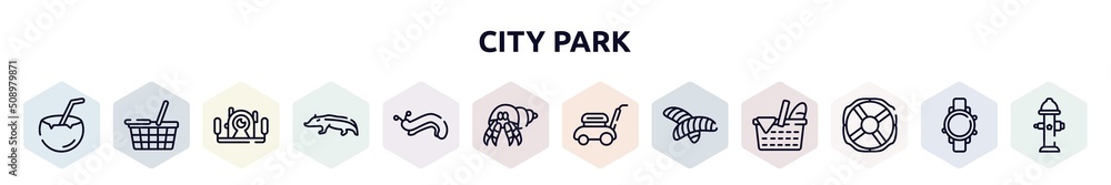 city park outline icons set. thin line icons such as coconut drink, food basket, underwater photography, badger, slug, hermit crab, lawn mower, null, lifebuoy icon. city park outline icons set. thin line icons such as coconut drink, food basket, underwater photography, badger, slug, hermit crab, lawn mower, null, lifebuoy icon.