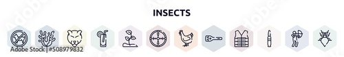 insects outline icons set. thin line icons such as forbidden, seaweed, panther, lemonade, sprout, crosshair, hen, flashlight, bullets icon.