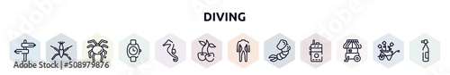 diving outline icons set. thin line icons such as road, pond skater, null, wristwatch, seahorse, cherry, diving suit, shrimp, ice cream cart icon.