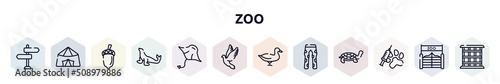 zoo outline icons set. thin line icons such as direction, jaima tent, acorn, sea lion, manta ray, dove, duck, fatigue, vaccine icon.