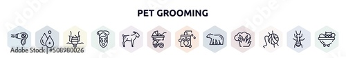 pet grooming outline icons set. thin line icons such as hair dryer, hydrotherapy, bedbug, facial treatment, goat, stroller, pet shampoo, polar bear, wool icon.