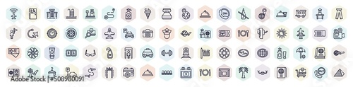 holidays outline icons set. thin line icons such as airport flight info, hotel, icecream cone, no drink, baggage verification, spring sun, full body, geography text book, waiting room icon.