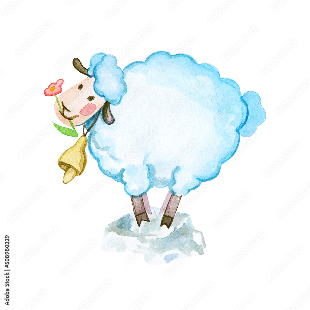 Illustration of watercolor. Funny sheep with a bell and a flower. Illustration of watercolor. Funny sheep with a bell and a flower.