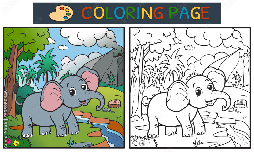 Obraz premium coloring page or book with cartoon elephant in the forest