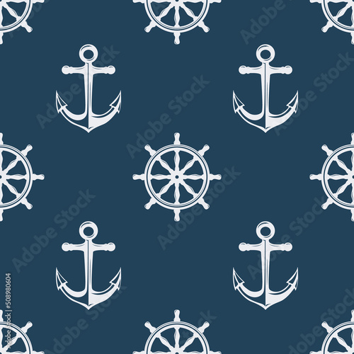 Vector Seamless Pattern with Hand drawn Anchor and Ship Helm, Wheel. Design Template for Textile, Apparel, Wallpapers. White Anchors and Helms, Wheels on Blue. Antique Vintage Marine Pattern