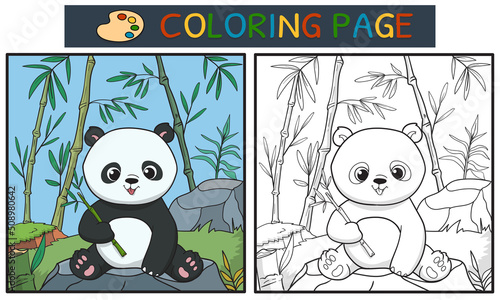 coloring page or book with cute panda in the forest