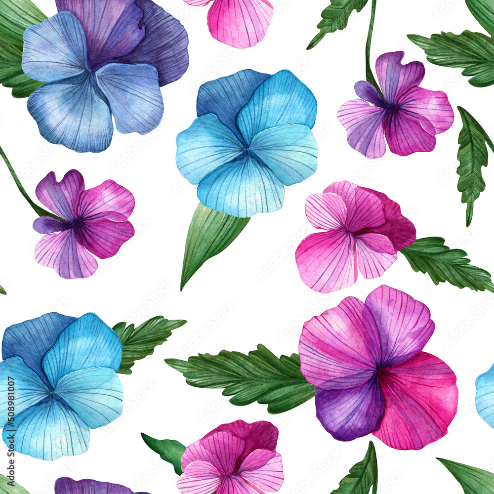 Seamless watercolor pattern. Bright summer design. Hand drawn pansies, leaves. Design for wrapping paper, backgrounds and more Seamless watercolor pattern. Bright summer design. Hand drawn pansies, leaves. Design for wrapping paper, backgrounds and more