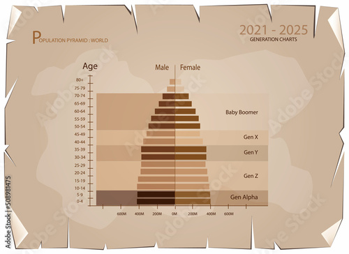 Population and Demography, Population Pyramids Chart or Age Structure Graph with Baby Boomers Generation, Gen X, Gen Y, Gen Z and Gen Alpha in 2021 to 2025 on Old Antique Vintage Grunge Paper Texture 