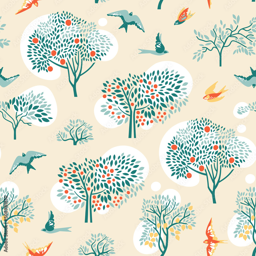 Seamless pattern with citrus and apple trees. Tree and bird. Surface design. Vector illustration.