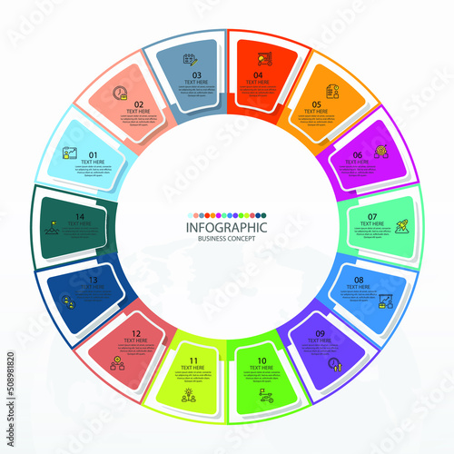Basic circle infographic template with 14 steps, process or options, process chart, Used for process diagram, presentations, workflow layout, flow chart, infograph. Vector eps10 illustration.