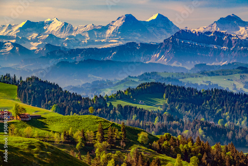 Morning Light over Emmental, Switzerland, with view of the Alps