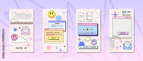 Stories or post template, retro browser computer window in 90s vaporwave with geek stickers. Y2k aesthetic background for social media, with pc message boxes, UI, UX elements. Vector illustration