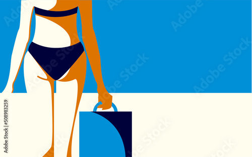 Woman in lingerie holding bag in her hand.