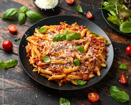 JackFruit pasta with garlic, olives, capers, tomato and cheese. Healthy vegan, diet food