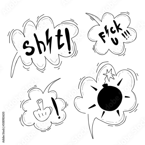 Doodle hand drawn speech bubble with swear words symbols. Comic speech bubble with curses, bomb, middle finger, lightning. Angry screaming face emoji. Vector illustration isolated on white.