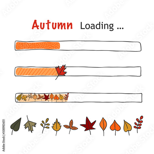 Loading bar autumn. Hand drawn doodle load bar fall. Sketch vector loading illustration on white backgtound.
