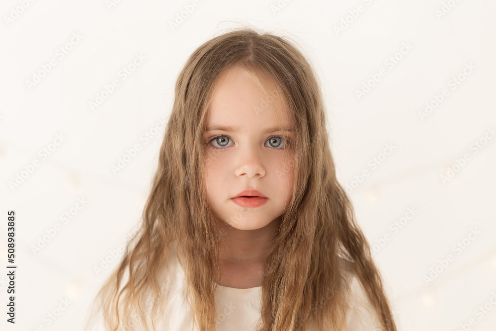 Girl, studio white, close up, serious Girl, studio white, close up, serious