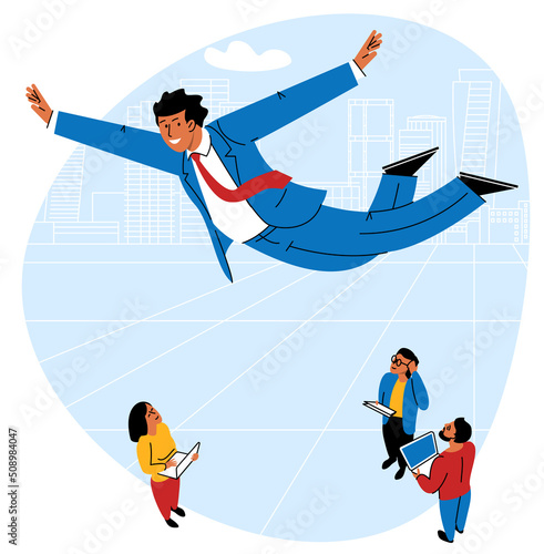 Man flying in the sky above the city.