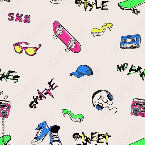 Skateboarding street style doodle sketch seamless pattern vector print