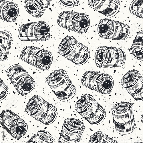 Money seamless pattern with rolls of 100 dollars bills on a white grunge background with small abstract particles like dust. Monochrome detailed vector illustration in vintage style.