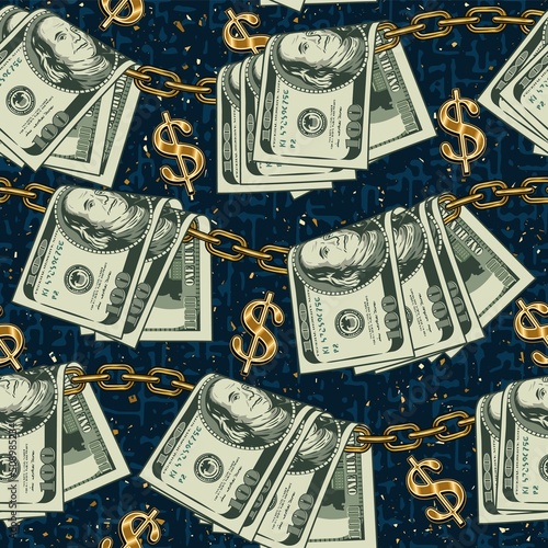 Money colorful seamless pattern in vintage style with gold metal dollar sign, folded 100 US dollar bills hanging on gold chains. Grungy blue background with gold dust, particles. Detailed illustration