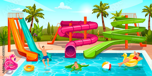 Happy people enjoy aquapark. Summer swimming pool, water park landscape. Family activity. Parents swim, loopy, straight water slides, kids play, swim inflatable circle, animal. Vector illustration