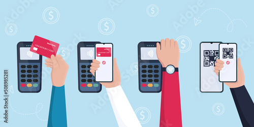 Pos terminal set. Contactless payments. Payment terminals marks successful on screens. Buy with credit cards. Transaction receipt on smartphone. Pay by NFC watch. Online banking. Vector illustration.