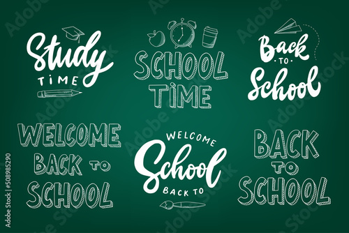 set of 6 school lettering quotes decorated with doodles on green background. Good for stickers, prints, cards, sublimation, posters, banners, planners, invitations etc. EPS 10 