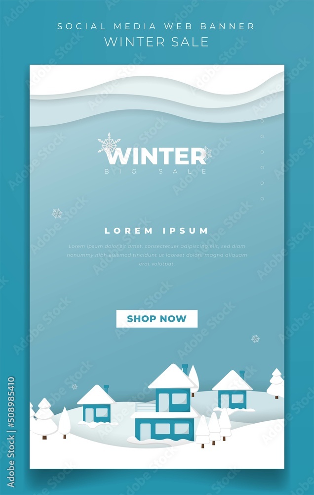 Portrait banner template with winter paper cut background design