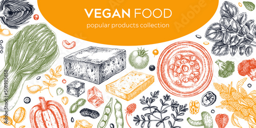 Vegan food illustration in color. Healthy food banner template. Middle eastern cuisine frame. Hand drawn vegan meals and ingredients for menu, recipe, packaging design. Vegan food background