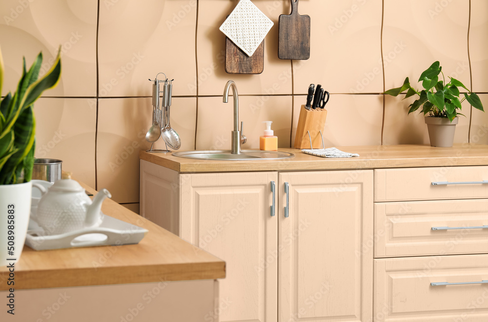 Interior of modern kitchen with stylish furniture, sink and utensils Interior of modern kitchen with stylish furniture, sink and utensils
