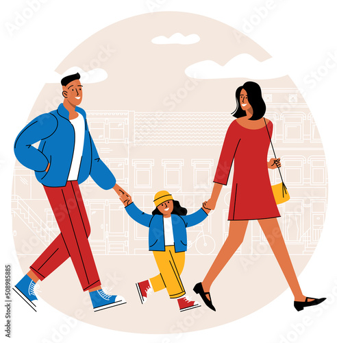 Family at walk in city downtown