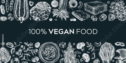 Vegan food banner on chalkboard. Healthy food background. Middle eastern cuisine frame. Hand drawn vegan meals and ingredients for menu, recipe, packaging design. Vegan food illustration