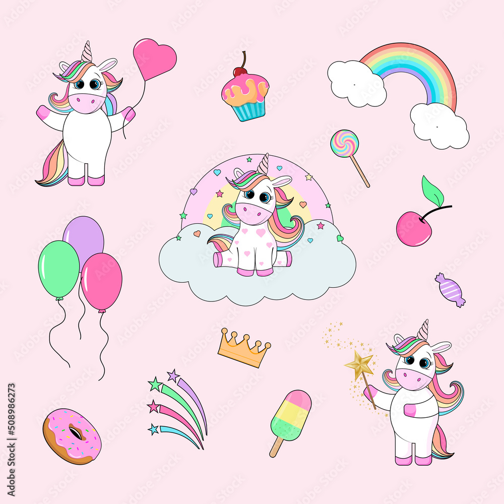 Set of cute cartoon unicorns with magic elements. Vector isolated illustration