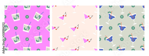 Set of tropic drink, cold citrus refreshing beverage in glass patterns. Fresh homemade soda, mojito,martiny cocktail with lime slices, cherry, tubes. Summer drinks. Hand drawn flat vector illustration