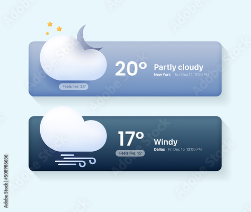 Сards for a weather widget. Weather icon set for a website or mobile app UI. Bright realistic 3d modern glass morphism elements in vector.