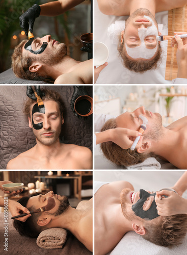Collage with handsome men relaxing in spa center